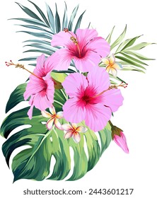 Vector bouquet of tropical flowers. Hibiscus, monstera, palm, flower of paradise, plumeria