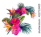 vector bouquet with tropical flowers. Retro Hawaiian style floral arrangement, with beautiful hibiscus, palm, bird of paradise. Amazing vector illustrations, vintage style. Editable graphic elements. 