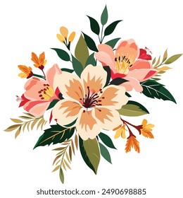 Ramo de Vector con flores tropicales. Arreglo floral de estilo hawaiano retro, con hermosos hibiscos, palma, ave del paraíso. Increíbles Ilustraciones vectoriales, estilo vintage. Elementos gráficos editables.