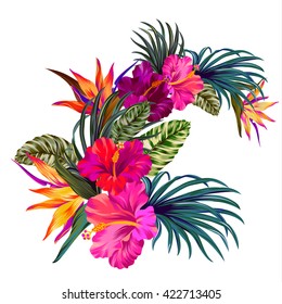 Vector Bouquet With Tropical Flowers. Retro Hawaiian Style Floral Arrangement, With Beautiful Hibiscus, Palm, Bird Of Paradise. Amazing Vector Illustrations, Vintage Style. Editable Graphic Elements. 