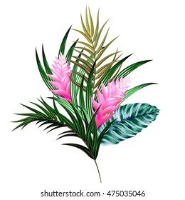 Vector Bouquet With Tropical Flowers. Retro Hawaiian Style Floral Arrangement, With Beautiful Heliconia, Palm, Quill. Amazing Vector Illustrations, Vintage Style. Editable Graphic Elements.