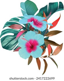 Ramo vectorial de flores tropicales. Flores exóticas de verano. Hibiscus, palmas, hojas, floración