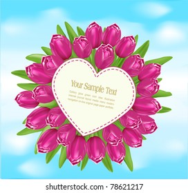 Vector bouquet of tulips with a greeting card in the form of heart on blue sky background