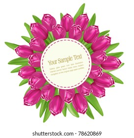 Vector bouquet of tulips with a round greeting cards on a white background