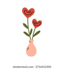 Vector bouquet with two heart shaped flowers in pink vase. Cute floral element for Valentines Day, romantic card, wedding, greeting, holiday, interior decor or festive design in flat style.