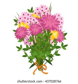 Vector Bouquet from violet asters, yellow narcissus, pink phlox. Flower bouquet isolated on white background.Beautiful flowers bouquet in flat style vector illustration. 