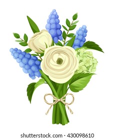 Vector bouquet of white ranunculus and blue grape hyacinth flowers isolated on a white background.