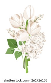 Vector bouquet of white tulips, lilac flowers and lily of the valley on a white background.