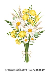 Vector bouquet of white and yellow daisies and wild flowers and ears of wheat isolated on a white background. 