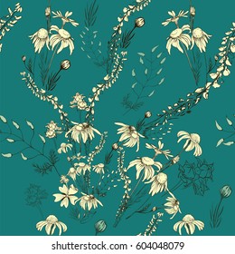 Vector. A bouquet of wild flowers and herbs, chamomile, peas. Background image. Wallpaper. Use printed materials, signs, items, websites, maps, posters.