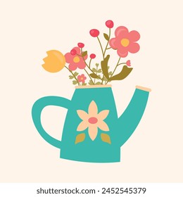 Vector bouquet of wildflowers in a vase, watering can. Spring summer still life in flat style. Colorful illustration of interior decoration. EPS10