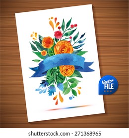 Vector bouquet  with yellow roses on white background in watercolor. Love Bright spring concept illustration with flowers in vector can be used as greeting card, invitation card for wedding, birthday