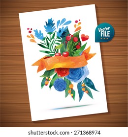 Vector bouquet  with yellow roses on white background in watercolor. Love Bright spring concept illustration with flowers in vector can be used as greeting card, invitation card for wedding, birthday