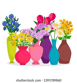 Vector bouquets of flowers in vases composition. Illustration of flower in vase, plant summer blossom