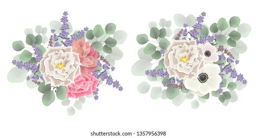 Vector bouquets of rose flowers, anemones, lavender, green leaves. All elements are isolated. Flowers on white background.
