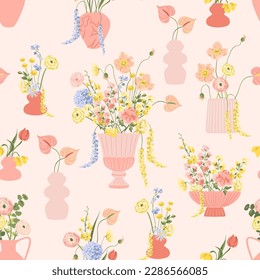 Vector Bouquets in Vases Seamless Floral Pattern