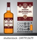 Vector bourbon whiskey label. Bourbon glass bottle mockup. Distilling business branding and identity design elements