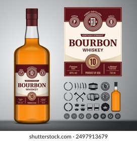 Vector bourbon whiskey label. Bourbon glass bottle mockup. Distilling business branding and identity design elements