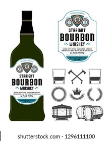 Vector bourbon whiskey label on a bottle. Distilling business branding and identity icons and design elements.