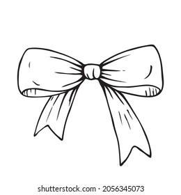 Vector Bow. Festive Ribbon. Doodle Sketch, Black Line.