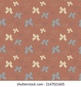Vector bow and heart pattern on brown background. Seamless pattern.