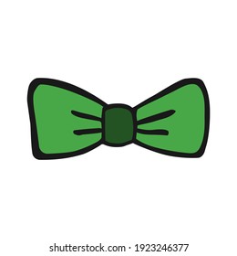 Vector bow icon in hand drawn style. Colorful clothes symbol with black line art. Isolated illustration on white background. Design for print and decore. Cartoon pictogram for game. Doodle bow tie