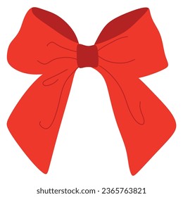 Vector bow Illustration. Isolated long red ribbon and big bow with two tails. Colorful satin stretching line. Holiday concept. New Year, Christmas banner. Cartoon style. Front view. Flat design.