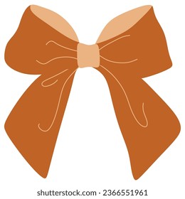 Vector bow Illustration. Isolated long brown ribbon and big bow with two tails. Colorful satin stretching line. Holiday concept. New Year, Christmas banner. Cartoon style. Front view. Flat design.