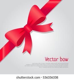 Vector bow Illustration. Isolated long red ribbon and big bow with two tails. Colourful satin stretching line. Holiday concept. New Year, Christmas banner. Cartoon style. Front view. Flat design.