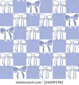 Vector Bow knots and check on purple background. Gift bows seamless pattern. Magic bow repeated illustration. Valentine holiday party decoration gift present concept.