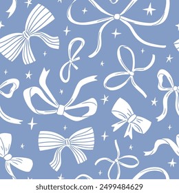 Vector Bow knots and stras on blue background, gift bows seamless pattern. Magic bow repeated illustration. Wedding celebration, holiday, party decoration, gift, present concept. 