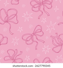 Vector Bow knots and stras on pink background, gift bows seamless pattern. Magic bow repeated illustration. Wedding celebration, holiday, party decoration, gift, present concept. 