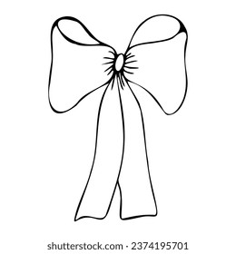 Vector bow with long ends in doodle style linear black isolated