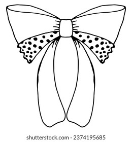 Vector bow with polka dot lace in doodle style linear black drawing