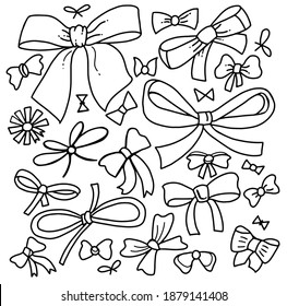 Vector bow set. Flat  hand drawn cartoon doodle style simple sketch collection of different shapes of bows and ribbons pattern in black and white