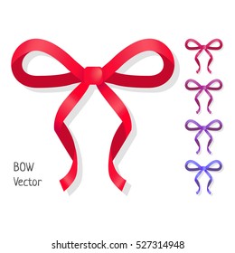 Vector bow set isolated on white. Different colors of present bows. Pussy bright bow knots. Ribbons in flat design. Overwhelming bow decorative elements. Vector cartoon illustration of classical bows