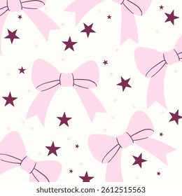 Vector Bow and stars on white background, gift bows seamless pattern. Magic bow repeated illustration. Wedding celebration, holiday, party decoration, gift, present concept. 
