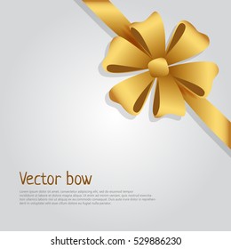 Vector bow web banner. Golden wide ribbon in right corner. Isolated bow of six tied bright petals, without tails. Colourful decoration for boxes, presents, gifts. Cartoon style. Flat design. Vector