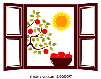 vector bowl of apples in the window and apple tree outside the window