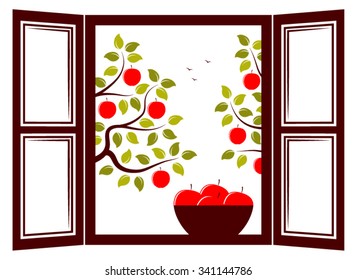 vector bowl of apples in the window and apple trees outside the window