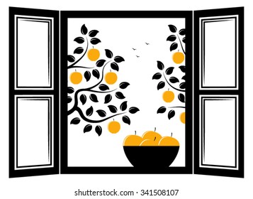 vector bowl of apples in the window and apple trees outside the window