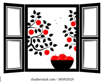 vector bowl of apples in the window and apple trees outside the window