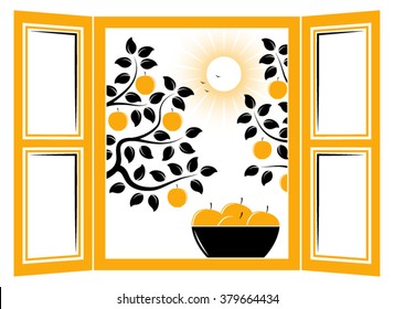 vector bowl of apples in the window and apple trees outside the window