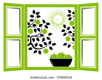 vector bowl of apples in the window and apple trees outside the window