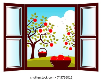 vector bowl of apples in the window and apple trees outside the window
