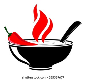 Vector Bowl Chili Pepper Flames Burning Soup Isolated Illustration