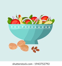 Vector bowl of fresh vegetable salad in flat style. The concept of proper nutrition.