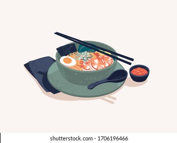 Vector bowl of Japanese ramen noodles with shrimp