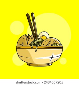 Vector of a bowl of jumbo meatball portion complete with noodles and egg, with an attractive cartoon illustration style.