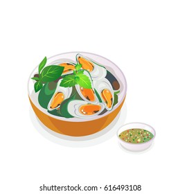 Vector a bowl of mussel steam and seafood sauce.